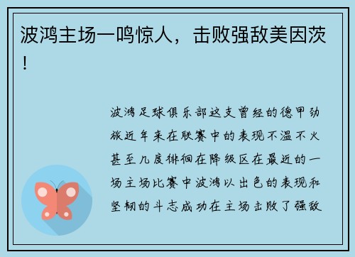 波鸿主场一鸣惊人，击败强敌美因茨！